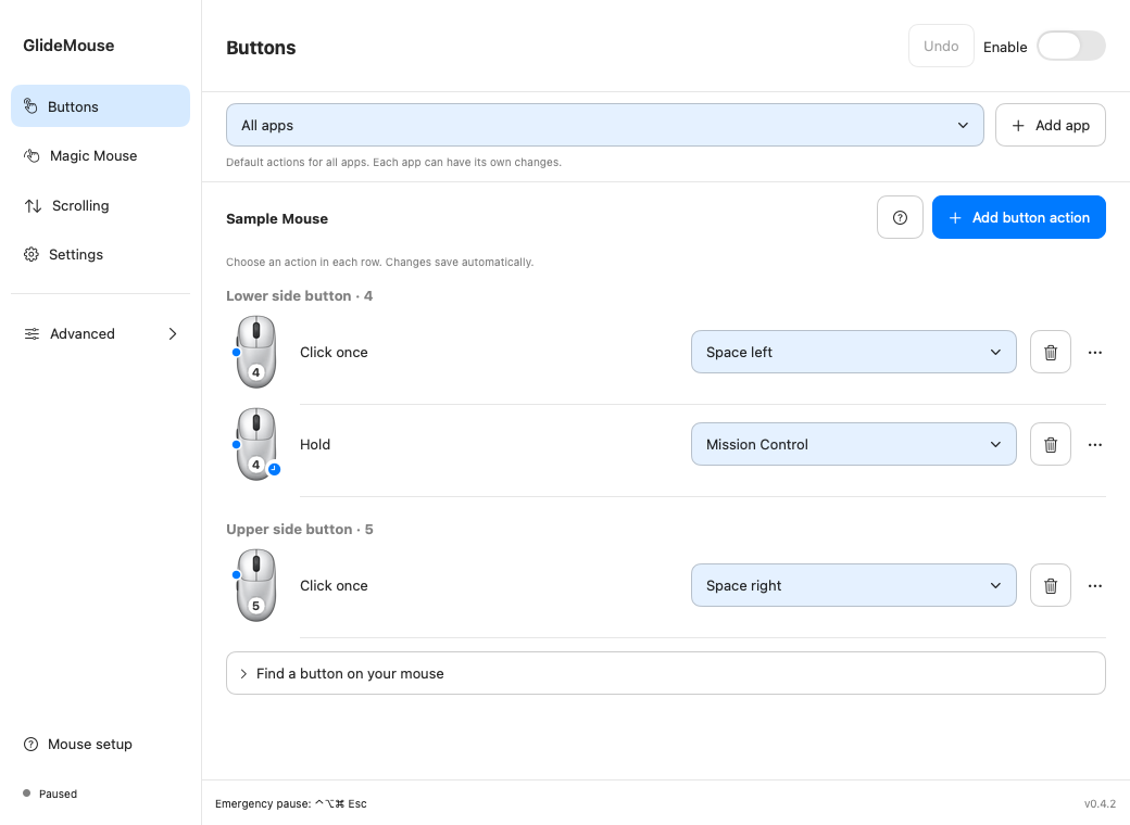 GlideMouse button actions in a simple list, with mouse icons, action dropdowns and delete buttons