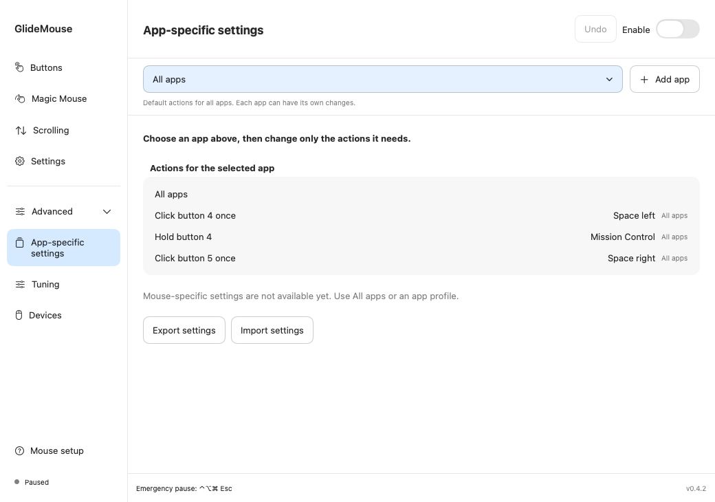 GlideMouse app-specific settings showing inherited defaults and custom actions