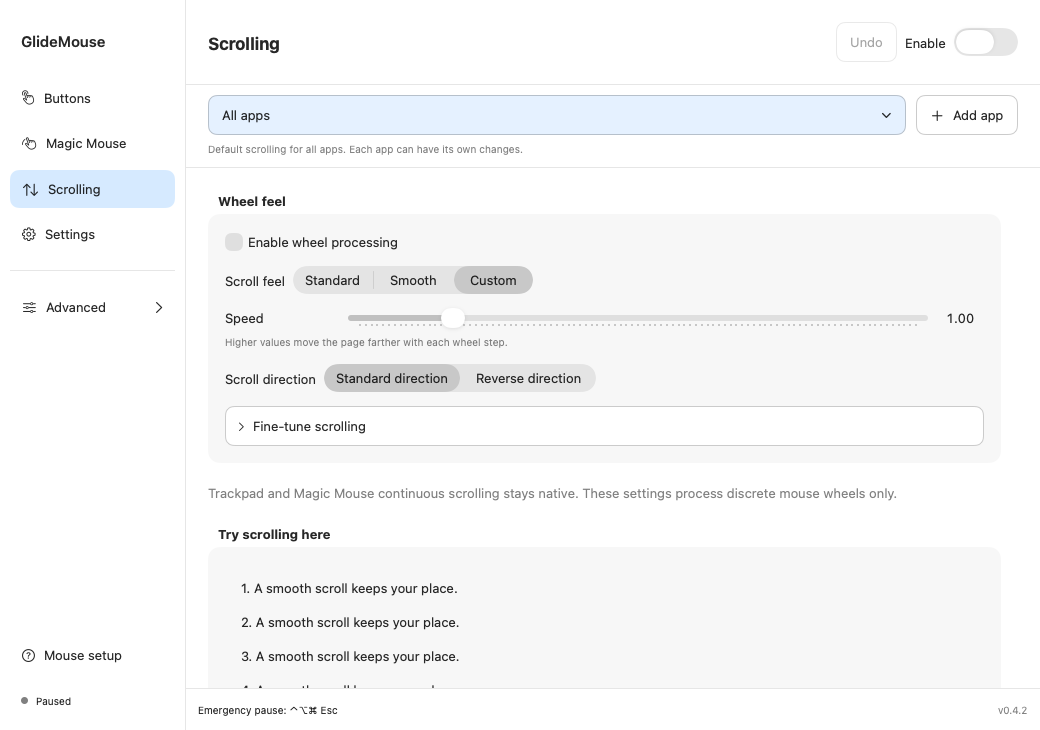GlideMouse scrolling controls with presets, speed and direction
